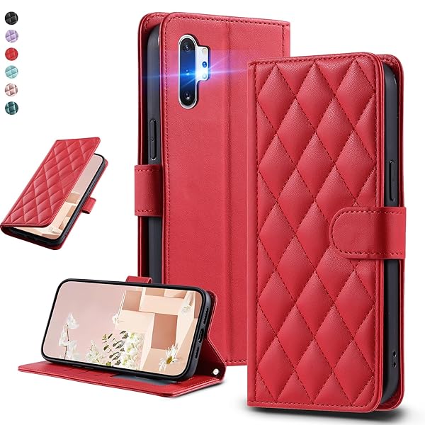UnivoColors Galaxy Note 10 Plus (SC-01M/SCV45) キルティングレザー調 手帳型ケース エレガント 高質PU マグネット開閉式 カード収納機能 スタンド機能 液晶全面保護 レンズ保護 ストラップ付属(レッド)