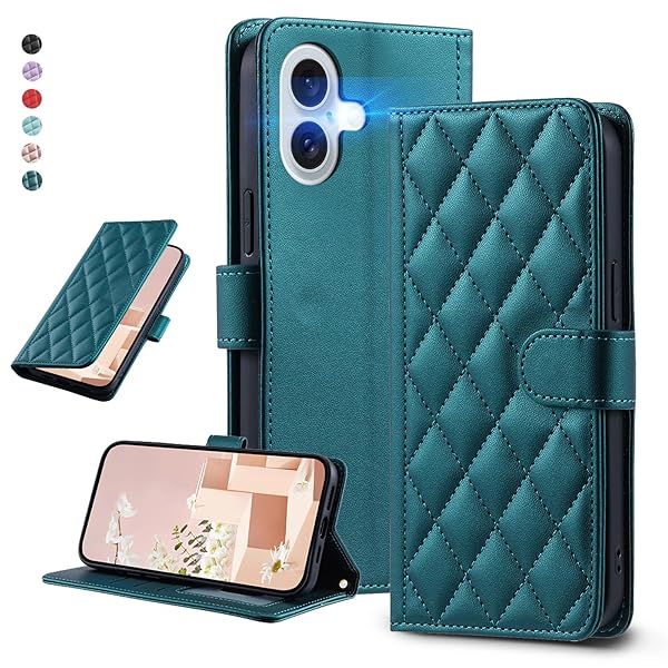 UnivoColors アイフォン 16 Plus キルティグレザー調 手帳型ケース エレガント 高質PU マグネット開閉式 カード収納機能 スタンド機能 液晶全面保護 レンズ保護 ストラップ付属(グリーン)