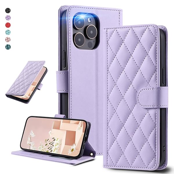 UnivoColors アイフォン 14 Pro キルティグレザー調 手帳型ケース エレガント 高質PU マグネット開閉式 カード収納機能 スタンド機能 液晶全面保護 レンズ保護 ストラップ付属(パープル)