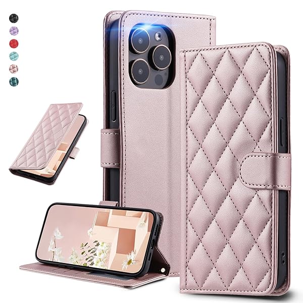 UnivoColors アイフォン 16 Pro Max キルティグレザー調 手帳型ケース エレガント 高質PU マグネット開閉式 カード収納機能 スタンド機能 液晶全面保護 レンズ保護 ストラップ付属(ゴールドピンク)