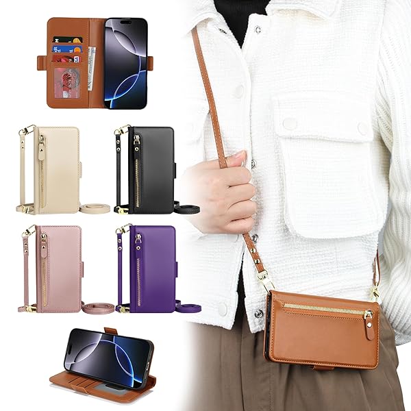 iPhone 15 用の ケース 手帳型 ショルダー いphone 15 用の 斜めがけ ケース 財布型 携帯ケース アイフォン 15 用の 肩掛け 小銭入れ カード収納ロングストラップ 長さ調節可能 衝撃吸収 ICカードホルダー PUレザー (ブラ