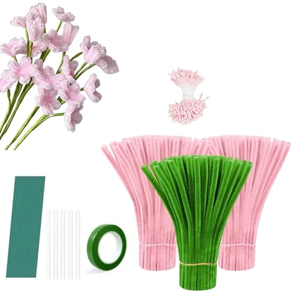 手芸モール ライトピンク色*200本+緑色*100本 桜 造花 花束 ギフト 手作りキット お花 モールアート ワイヤーアート 手芸素材 工作モール 人工花茎と...