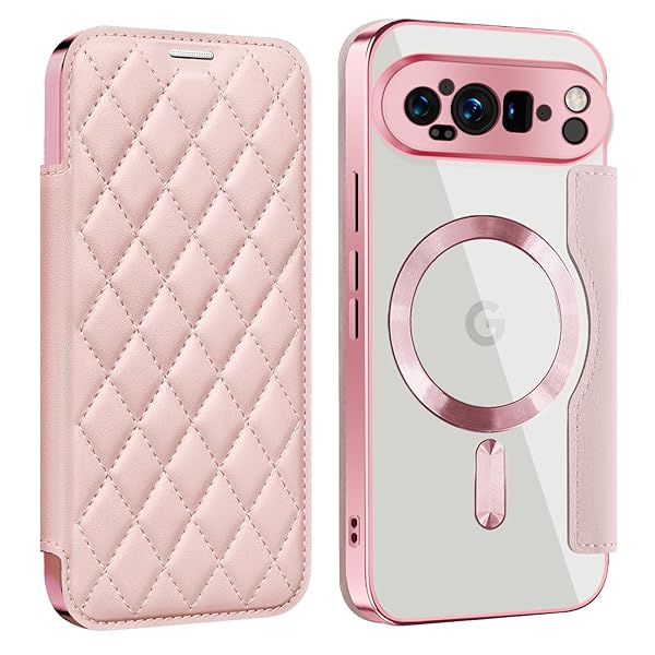 Google Pixel 9 Pro 用 ケース 手帳型 クリア Magsafe対応 背面透明 キルティング 高級なPUレザー スマホケース ゴージャス カード収納 おしゃれ 人気財布型 格子柄 カバー ピクセル 9 Pro用 手帳カバー ケース (