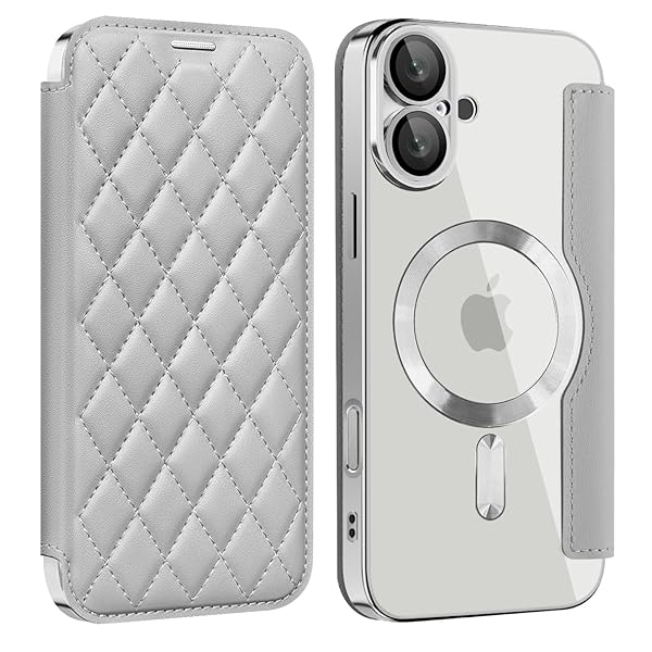 iPhone 16 用 ケース 手帳型 クリア 格子柄 Magsafe対応 6.1インチ 背面透明 キルティング 高級なPUレザー スマホケース ゴージャス カード収納 おしゃれ 人気財布型 カバー アイフォン16 用 手帳カバー ケース (iPho