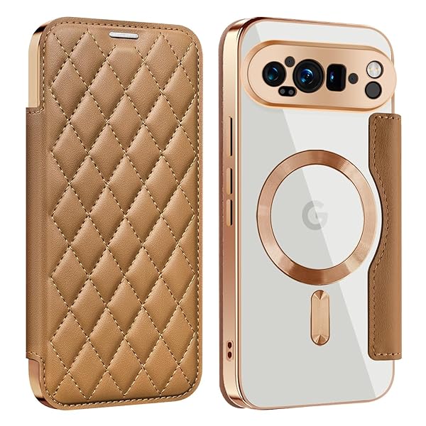 Google Pixel 9 Pro XL 用 ケース 手帳型 クリア Magsafe対応 背面透明 キルティング 高級なPUレザー スマホケース ゴージャス カード収納 おしゃれ 人気財布型 格子柄 カバー ピクセル 9 Pro XL用 手帳カバー