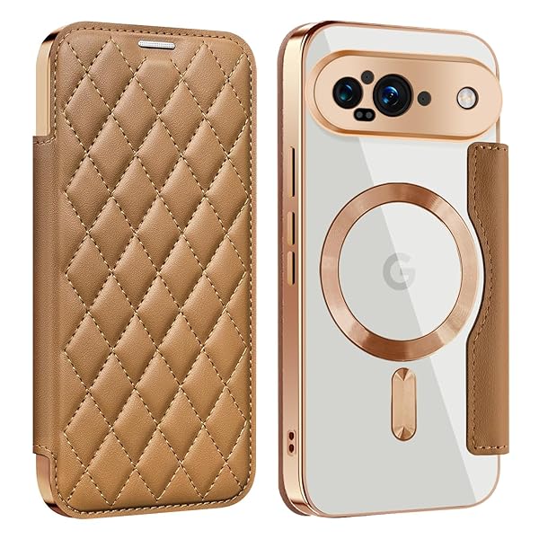 Google Pixel 9 用 ケース 手帳型 クリア Magsafe対応 背面透明 キルティング 高級なPUレザー スマホケース ゴージャス カード収納 おしゃれ 人気財布型 格子柄 カバー ピクセル 9 用 手帳カバー ケース (Pixel 9