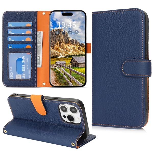 対応 いphone15pro ケース 手帳型 カード収納 スタンド機能 iphone15pro ケース 本革 大容量 財布型 耐衝撃 iphone 15 pro ケース 手帳型 iphone15プロ レザー カバー ブルー と オレンジ