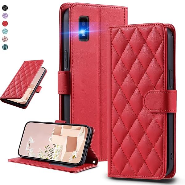 UnivoColors SHARP AQUOS wish3 (SH-53D/A302SH) キルティングレザー調 手帳型ケース エレガント 高質PU マグネット開閉式 カード収納機能 スタンド機能 液晶全面保護 レンズ保護 ストラップ付属(レッド)N