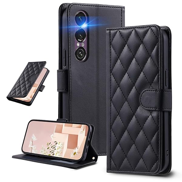 UnivoColors Sony Xperia 1VII(SO-51F/SOG15)キルティングレザー調 手帳型ケース エレガント 高質PU マグネット開閉式 カード収納機能 スタンド機能 液晶全面保護 レンズ保護 ストラップ付属(ブラック)