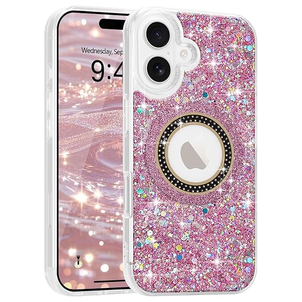 iPhone 16 対応 ケース、MagSafe対応 韓国 女性 キラキラ 輝く 磁気 軽薄型 携帯電話カバー 柔らかく 耐衝撃 適用 iPhone 16 保護ケース（ピンク）