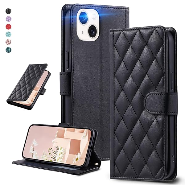 UnivoColors アイフォン 15 キルティングレザー調 手帳型ケース エレガント 高質PU マグネット開閉式 カード収納機能 スタンド機能 液晶全面保護 レンズ保護 ストラップ付属(ブラック)N