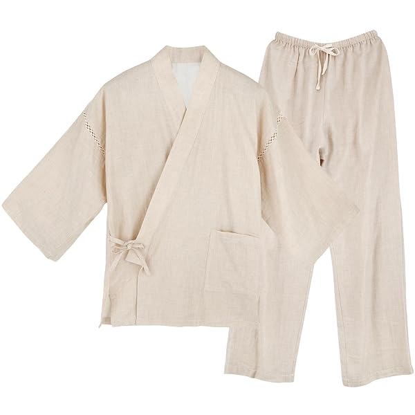 メンズ甚平 二重ガーゼ 作務衣 作業着 上下セット 綿100% 吸汗速乾 前開き 調整可能ベルト 実用ポケット付き 甚兵衛ルームウェア 寝間着 父の日 (ベージュ色：素敵な肌ツヤを引き立てるベージュ系, LL)