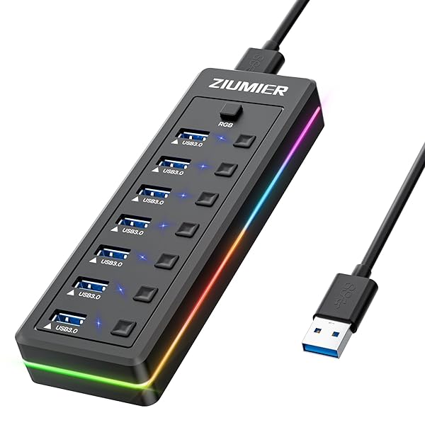 USBハブ7ポート、RGB LEDストリップ付きUSB 30ハブ - USB 30データ転送ポート、ノートパソコン、PC