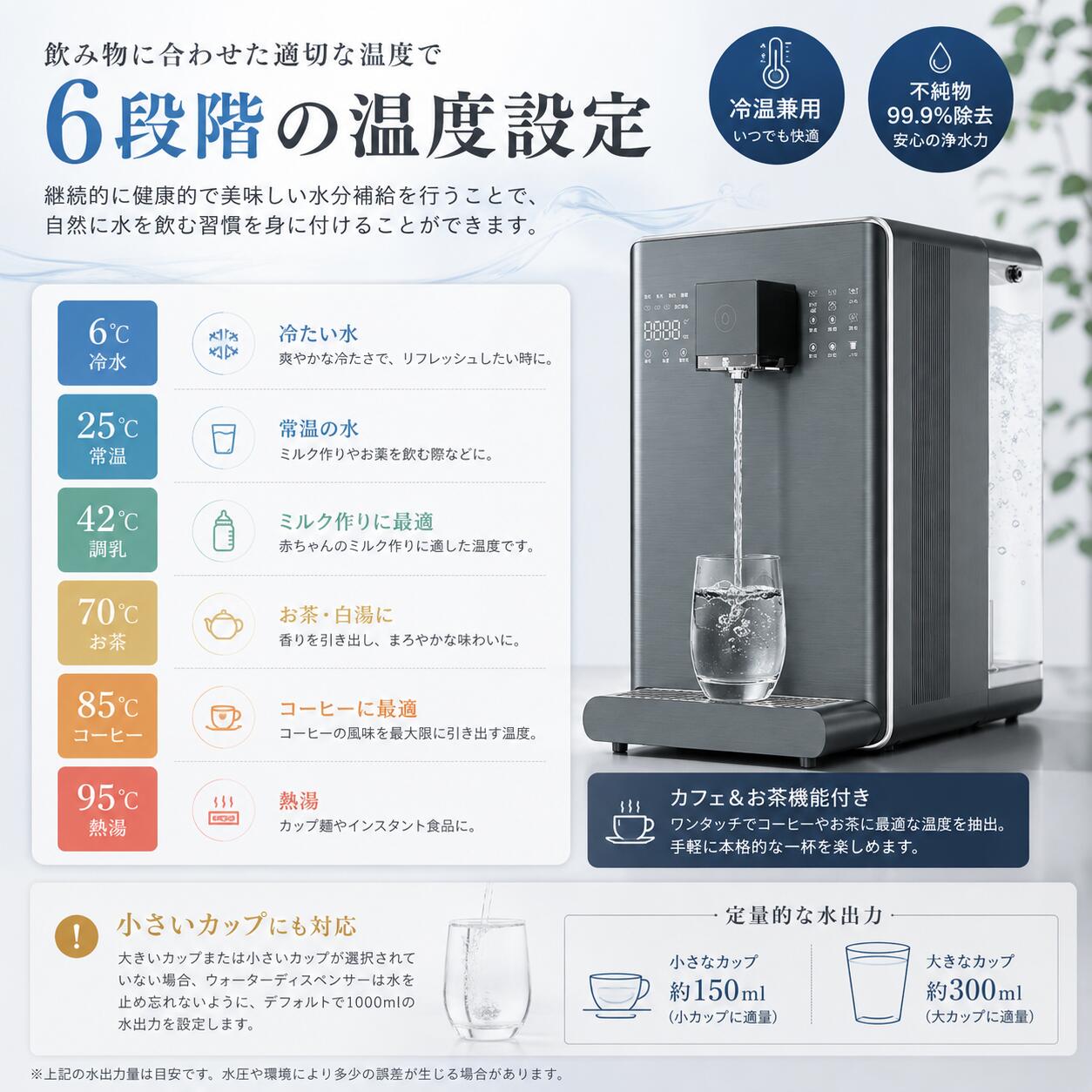 商品情報商品説明商品説明製品名称　ウォーターサーバー 浄水型常温・温水・お湯 常温：約25℃温水：約40℃～95℃氷水：約6℃～15℃※温水からお湯まで1℃ずつ調節可能本体サイズ 幅：240mm / 奥行：475mm / 高さ：430mm重さ 11kgタンク容量 6L大容量消費電力 常温：約10W／温水：約800W / お湯：約1450W食品安全認証 国内食品安全検査済（※104点部品全数検査）PSE認証済み 当商品は、PSEマークの取得に必要な技術基準に適合しております。PSマークの種類：PSEおすすめポイント ●RO逆浸透フィルターを採用して、不純物99.9％除去!●毎月のレンタル料不要！コスパ最高！●多段階温度1℃ずつ調節可能、安全な飲料水をいつでも手軽に!●10秒速熱、お湯がすぐに出てくる。待ち時間なし。●デザインが高級感溢れている。●赤ちゃんミルク専用温度あり、赤ちゃんがいる家庭超おすすめ！●6Lの大容量と2200Wのパワーで簡単にお湯を沸かすことができます。【省スペース設計】ウォーターディスペンサーは通常、コンパクトでスペース効率に優れています。 この省スペースの側面は、スペースに余裕がなく、リビングエリアや作業エリアを乱雑にしない家電製品が必要な場合に特に役立ちます。【安全チャイルドロック・火傷防止】安全チャイルドロック機能は特別に設計されており、誤操作を防ぎ、安全にロックでき、安心して水を飲むことができます。【アフターサービス】満足のいくカスタマーサービスを提供します。安心保証：商品に何か問題がございましたら、またはご不明な点がございましたら、お気軽にお問い合わせください。 お客様が満足するまで迅速かつ丁寧に対応させていただきますので、ご安心ください広い温度制御範囲：温度調整範囲が広く、25～100℃の複数の水温オプションをサポートし、お茶を淹れたり、ミルクを混ぜたり、直接飲んだりするなど、さまざまなニーズを満たします。操作が簡単で、さまざまなグループの人々の使用習慣に適しています。商品情報商品説明製品名称　ウォーターサーバー 浄水型 常温・温水・お湯 常温：約25℃ 温水：約40℃～95℃ 氷水：約6℃～15℃ ※温水からお湯まで1℃ずつ調節可能 本体サイズ 幅：240mm / 奥行：475mm / 高さ：430mm 重さ 11kg タンク容量 6L大容量 消費電力 常温：約10W／温水：約800W / お湯：約1450W 食品安全認証 国内食品安全検査済 （※104点部品全数検査） PSE認証済み 当商品は、PSEマークの取得に必要な技術基準に適合しております。 PSマークの種類：PSE おすすめポイント ●RO逆浸透フィルターを採用して、不純物99.9％除去! ●毎月のレンタル料不要！コスパ最高！ ●多段階温度1℃ずつ調節可能、安全な飲料水をいつでも手軽に! ●10秒速熱、お湯がすぐに出てくる。待ち時間なし。 ●デザインが高級感溢れている。 ●赤ちゃんミルク専用温度あり、赤ちゃんがいる家庭超おすすめ！【省スペース設計】ウォーターディスペンサーは通常、コンパクトでスペース効率に優れています。 この省スペースの側面は、スペースに余裕がなく、リビングエリアや作業エリアを乱雑にしない家電製品が必要な場合に特に役立ちます。【アフターサービス】満足のいくカスタマーサービスを提供します。安心保証：商品に何か問題がございましたら、またはご不明な点がございましたら、お気軽にお問い合わせください。 お客様が満足するまで迅速かつ丁寧に対応させていただきますので、ご安心ください【広い温度制御範囲】●6Lの大容量と2200Wのパワーで簡単にお湯を沸かすことができます。 【省スペース設計】ウォーターディスペンサーは通常、コンパクトでスペース効率に優れています。 この省スペースの側面は、スペースに余裕がなく、リビングエリアや作業エリアを乱雑にしない家電製品が必要な場合に特に役立ちます。 【安全チャイルドロック・火傷防止】安全チャイルドロック機能は特別に設計されており、誤操作を防ぎ、安全にロックでき、安心して水を飲むことができます。 【アフターサービス】満足のいくカスタマーサービスを提供します。安心保証：商品に何か問題がございましたら、またはご不明な点がございましたら、お気軽にお問い合わせください。 お客様が満足するまで迅速かつ丁寧に対応させていただきますので、ご安心ください 広い温度制御範囲：温度調整範囲が広く、25～100℃の複数の水温オプションをサポートし、お茶を淹れたり、ミルクを混ぜたり、直接飲んだりするなど、さまざまなニーズを満たします。操作が簡単で、さまざまなグループの人々の使用習慣に適しています。【2026最新登場 SALE 10000円OFFクーポン】ウォーターサーバー 浄水器 卓上 本体 温水 冷水 小型 電気ポット 卓上型温冷両用タイプ 電気ケトル 家庭用 安全設計 簡単操作 RO カートリッジ 水 水温調節 コンパクト 温水器 浄水ポット 節電対策 老人用 キッチン クリスマス 【面倒なボトル交換不要】卓上型2way 工事不要 不純物99.9％除去 5