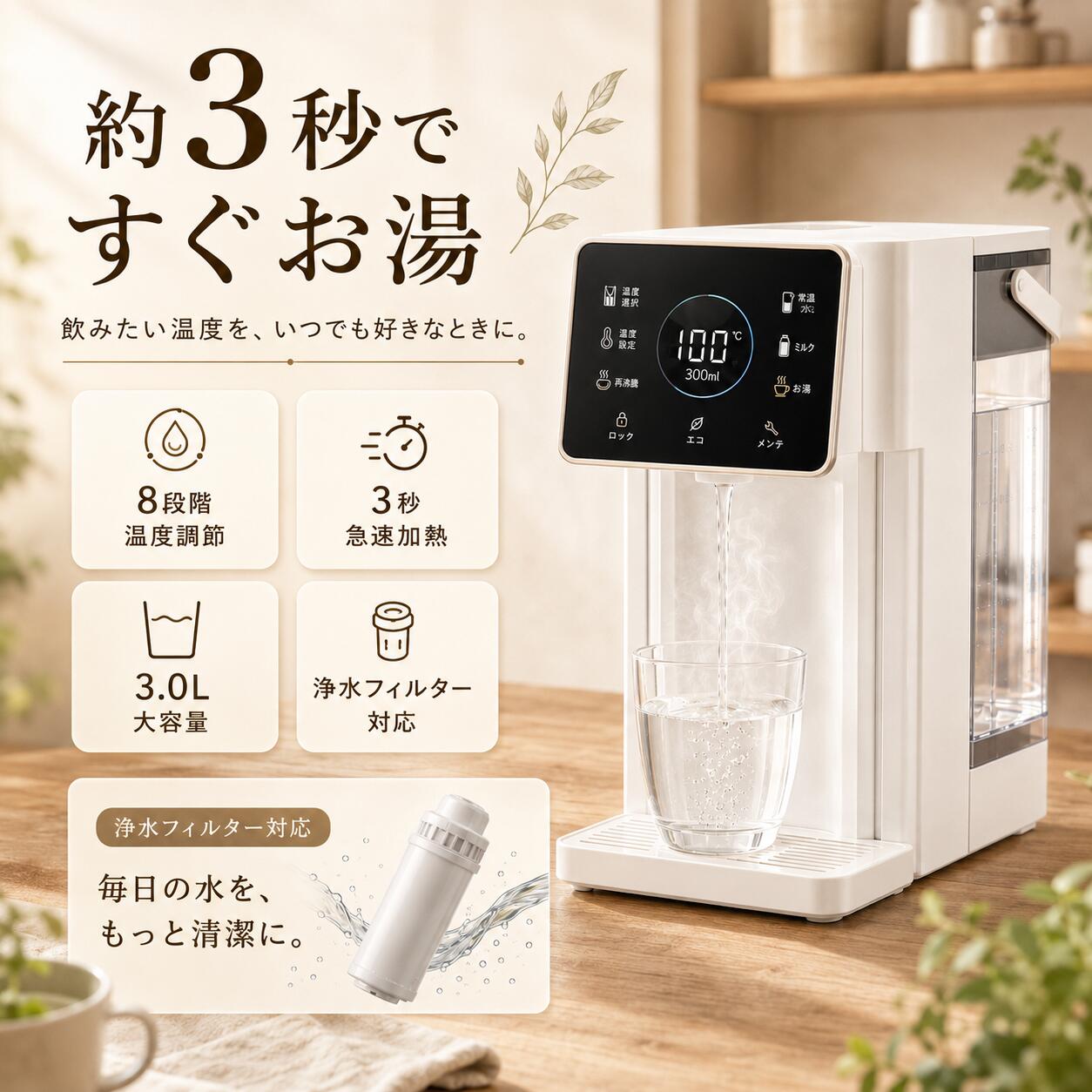 商品情報2026 NEW MODEL 卓上ウォーターサーバー水道水を注ぐだけで使える、コンパクト設計の卓上ウォーターサーバーです。3秒瞬間加熱・6段階温度調整・8段階定量出水に対応し、家庭・キッチン・オフィスなど幅広いシーンで快適に使用できます。こんなお悩みにおすすめ・お湯が沸くまで待つのが面倒・飲み物ごとの温度調整が難しい・ケトルの給水や洗浄が手間・重たいボトル交換式サーバーが不便・キッチンやデスク周りをすっきり使いたい6段階温度設定用途に合わせて温度を細かく調整可能。白湯・ミルク・お茶・コーヒー・スープなど、さまざまな飲み物に対応します。3秒瞬間加熱厚膜加熱技術により、必要な分だけ素早く加熱。ケトルのように待ち時間が少なく、忙しい朝やオフィスでも便利です。8段階定量出水150ml～500mlまで8段階で給水量を選択可能。コップやボトルに合わせて適量を出水でき、途中停止も可能です。浄水カートリッジ対応専用フィルターで水道水をろ過し、手軽に使用可能。ペットボトル購入や重いボトル交換の負担を軽減します。省スペース＆安心設計コンパクトな卓上設計で、キッチン・リビング・寝室・オフィスにも設置しやすい仕様です。チャイルドロック搭載で誤操作ややけど防止にも配慮しています。おすすめ使用シーン赤ちゃんのミルク作り / コーヒー / お茶 / 白湯 / スープ / オフィス給湯 / 日常の時短調理ご購入前にご確認ください・本体のみ：内蔵タンクに水を注いで使用可能・ボトル使用：ベース＋給水チューブセット・浄水使用：浄水ボックス＋フィルターセット推奨※フィルターは活性炭フィルターです。セット内容により使用方法が異なります。フィルター使用前の準備・使用前に約20分水に浸してください・軽く振って内部の空気を抜いてください・最初の3杯分は廃棄してください・その後通常使用が可能ですご注意※本製品は常温水・温水対応です（冷水機能は非対応）。※使用前に必ず取扱説明書をご確認ください。※仕様・デザインは改良のため予告なく変更される場合があります。※本製品の操作パネルは英語表記となっております。あらかじめご了承のうえ、ご注文ください。【2026新登場】ウォーターサーバー 卓上 本体 水道直結 ペットボトル 水道水 3L 瞬間湯沸かしサーバー 電気ポット 整水器 浄水器 温水器 6段階温度設定 温水 常温水 浄水カートリッジ式 コンパクト キッチン 節電対策 ルク作り コーヒー お茶 庭 水道水を注ぐだけ。3秒瞬間熱湯＆6段階温度設定で、ミルク・お茶・コーヒー作りを時短・カートリッジ 水 5