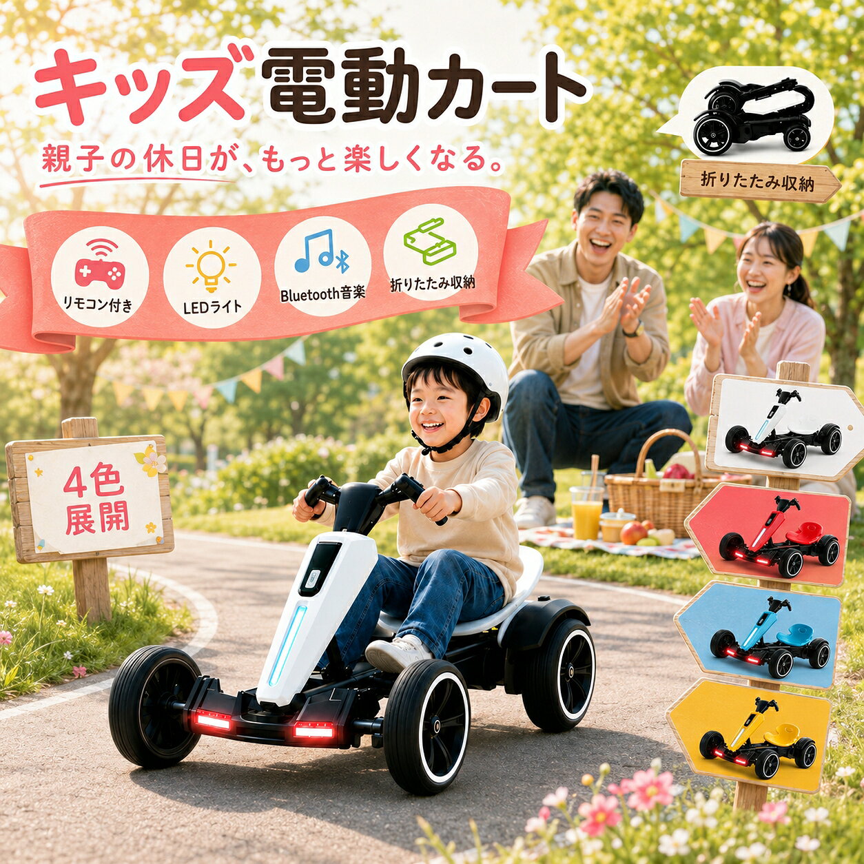 【SNSで話題】電動ゴーカート 子供用 折りたたみ キッズカー 充電式 保護者用リモコン Bluetooth音楽 LEDライト 耐荷重65kg 3歳以上 乗用玩具 誕生日 クリスマス プレゼント