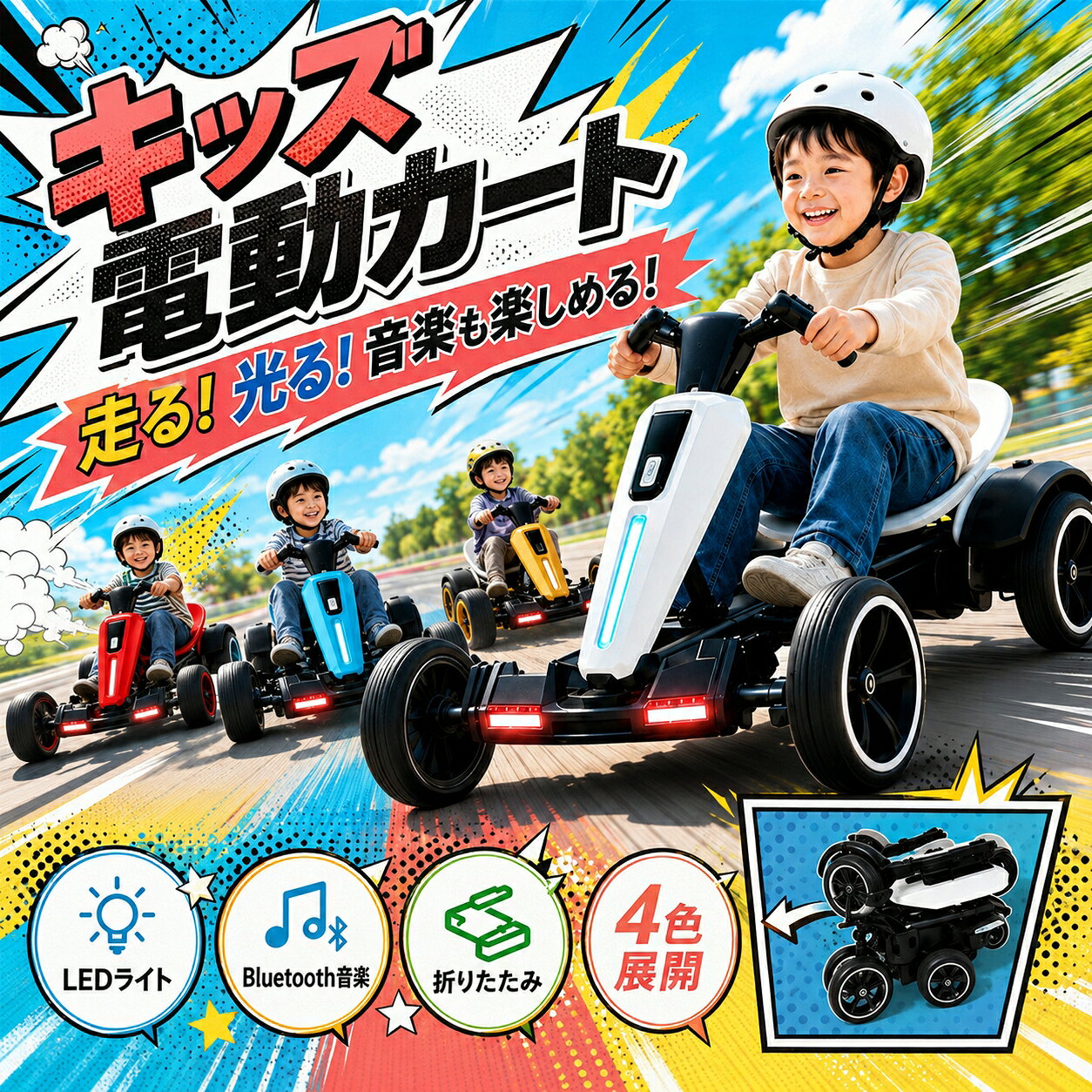商品情報商品紹介折りたたんでコンパクトに収納できる、キッズ用電動カートです。使用後は省スペースで保管でき、玄関や室内、車のトランクへの積み込みにも便利です。Bluetooth音楽機能を搭載しており、お気に入りの音楽を楽しみながらドライブできます。安定感に配慮した4輪設計と低重心構造を採用。付属の保護者用リモコンで走行操作をサポートできます。ご自宅の敷地内や公園、広場などで、お子さまのアクティブな遊び時間を楽しめます。※必ず保護者の監督のもと、平坦で安全な場所でご使用ください。おすすめポイント 1★ 折りたたみ式でコンパクト収納使用後はコンパクトに折りたためる、省スペース設計です。折りたたみ時のサイズは約86×32×22cm。玄関や室内に保管しやすく、車のトランクへの積み込みにも便利です。収納場所を取りにくく、使いたい時にサッと取り出して遊べます。おすすめポイント 2★ 保護者用リモコン付き付属のリモコンを使って、保護者が走行操作をサポートできます。電動カートの操作に慣れていないお子さまを補助しながら、親子で一緒にドライブを楽しめます。※リモコンは安全を保証するものではありません。走行中は必ず保護者が付き添い、周囲の安全をご確認ください。おすすめポイント 3★ Bluetooth音楽機能搭載Bluetooth接続に対応しており、お気に入りの音楽を流しながら走行できます。音楽と一緒にドライブを楽しめるため、お子さまの遊び時間をさらに楽しく演出します。※接続方法や対応機器については、付属の取扱説明書をご確認ください。おすすめポイント 4★ 安定感に配慮した4輪・低重心設計安定感に配慮した4輪タイプと低重心構造を採用しています。平坦な場所での快適な走行をサポートし、お子さまが自分で運転する楽しさを体験できます。※段差、傾斜、凹凸の多い場所では使用しないでください。おすすめポイント 5★ LEDライトでレーサー気分を演出ライトが点灯し、電動カートのかっこいい雰囲気をさらに引き立てます。走る楽しさに加え、見た目でもお子さまのワクワク感を高めます。※スポットライトは上位モデルのみ搭載されています。※ライトは走行シーンを演出するための機能です。暗い場所での走行はお控えください。おすすめポイント 6★ さまざまなシーンで楽しめるご自宅の敷地内や公園、広場など、平坦で安全な場所で使用できます。休日の外遊びや親子で過ごす時間はもちろん、誕生日やクリスマスなどの特別なプレゼントにもおすすめです。※公園や広場で使用する場合は、各施設や自治体の利用ルールをご確認ください。※公道、交通量の多い場所、雨天時、水たまりのある場所では使用しないでください。商品仕様素材：ABSカラー：・オーロラホワイト・ブルー・レッド・イエロー本体サイズ：約85×56×51cm折りたたみ時サイズ：約86×32×22cm選択タイプ：・シングルモーター／6V4A・デュアルモーター／6V7A・デュアルモーター／12V4.5A本体重量：約6.5kg耐荷重：約65kgバッテリー：充電式鉛蓄電池対象年齢：3歳ごろから付属品：・保護者用リモコン・充電器※対象年齢は目安です。お子さまの体格や運動能力に合わせてご判断ください。※カラーや選択タイプによって、一部の仕様や装備が異なる場合があります。ご注文前に選択内容をご確認ください。※サイズおよび重量は、測定方法により多少の誤差が生じる場合があります。ご使用上の注意1．必ず保護者の監督のもとでご使用ください。2．公道や交通量の多い場所では使用しないでください。3．走行時はヘルメット、ひじ当て、ひざ当てなどの保護具の着用をおすすめします。4．平坦で障害物のない、安全な場所でご使用ください。5．雨天時、水たまりのある場所、濡れた路面では使用しないでください。6．段差、傾斜、凹凸の多い場所では使用しないでください。7．使用前に、本体各部の固定状態、タイヤ、リモコンおよびバッテリー残量をご確認ください。8．走行中は、周囲の人、車両、障害物に十分ご注意ください。9．公園や広場などで使用する場合は、施設や自治体の利用ルールに従ってください。10．充電およびバッテリーの取り扱いは、必ず付属の取扱説明書に従ってください。11．製品の仕様やデザインは、品質向上のため予告なく変更される場合があります。ご購入前にご確認くださいスポットライトは上位モデルのみ対応しています。モーターおよびバッテリーの仕様は、選択するタイプによって異なります。・耐荷重約65kgは、使用可能年齢を保証するものではありません。対象年齢、体格、座席サイズなどをご確認のうえお選びください。・ご使用前に、必ず付属の取扱説明書をお読みください。【親子で楽しめるとSNSで人気】電動カート 子供用 保護者用リモコン付き 折りたたみ キッズゴーカート 充電式 Bluetooth音楽 LEDライト 四輪 低重心 3歳以上 乗用玩具 LEDライトとBluetooth音楽でレーサー気分を演出。思わず撮影したくなるキッズカー。 5