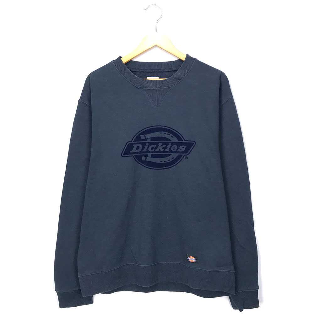 ディッキーズ ストリートブランドスウェット サイズ表記 L ネイビー Dickies フロッキー プリント フロント ロゴ ビッグサイズ ビッグシルエット トレーナー WORK NAVY 紺 古着 【中古】 wv1912-1042