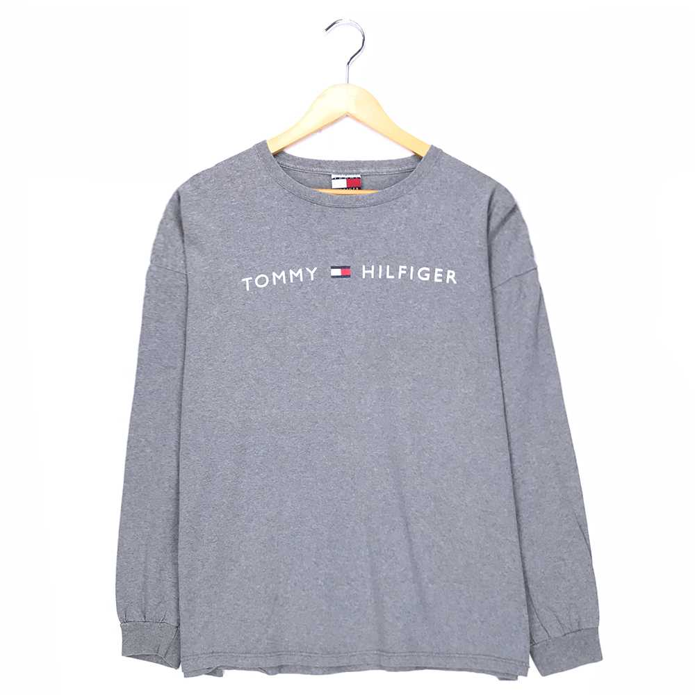 トミー 長袖Tシャツ サイズ表記 XL グレー TOMMY HILFIGER ロゴ プリント 灰 カットソー オーバーサイズ ビッグサイズ ビックシルエット 古着wv1912-1290