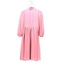 ワンピース ピンク 無地 ロング ベルト付き プリーツ フリルネック レディース PINK 桃 古着【中古】wv1912-0601