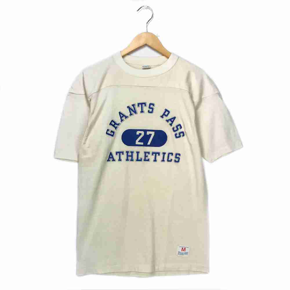 安いそれに目立つ チャンピオン フットボールｔシャツ サイズ表記 M ホワイト 70 S 70年代 80 S 80年代 後期バータグ Champion カットソー レーヨン カレッジプリント ナイロン 半袖 白 青 ブルー 古着 Wv1912 1674 信頼 Cjaybrands Co Ke