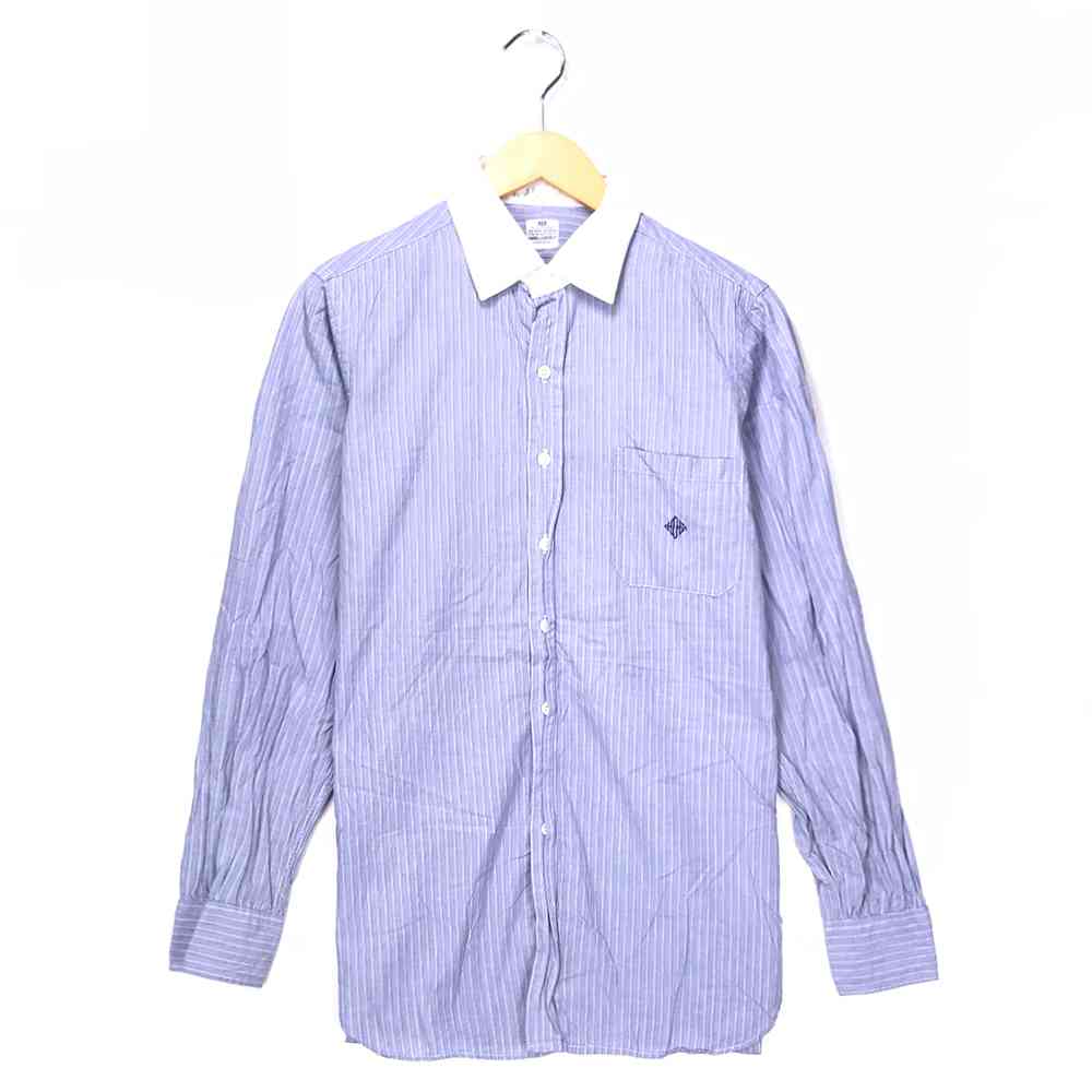 HAWES&CURTIS L ストライプシャツ パープル 長袖 ワンポイント ロゴ 刺繍 stripe purple 紫 古着 【中古】wv1912-0988