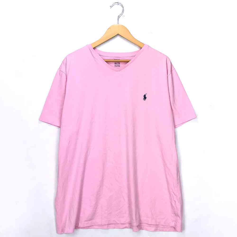ポロバイラルフローレン ストリートワンポイントTシャツ サイズ表記 XXL ピンク Vネック Polo by Ralph Lauren ポロバイラルフローレン ワンポイント カットソー 刺繍 ロゴ ポニー 半袖 ビッグT PINK 桃 古着【602202】【中古】 wv1912-2319