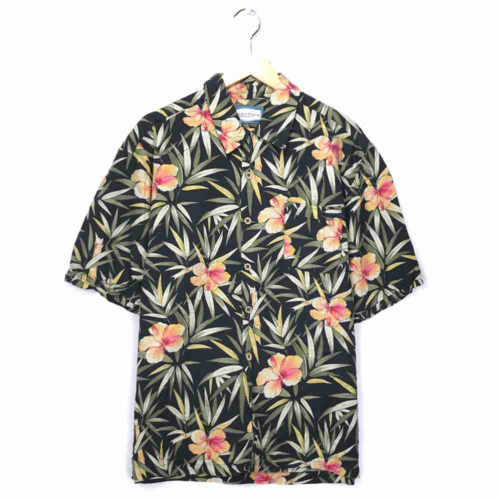 SEVEN PALM アロハシャツ サイズ表記 L ブラック 半袖 総柄 シルク 花柄 ハイビスカス セブンパーム Black 黒 古着【202108】【中古】wv2005-0226