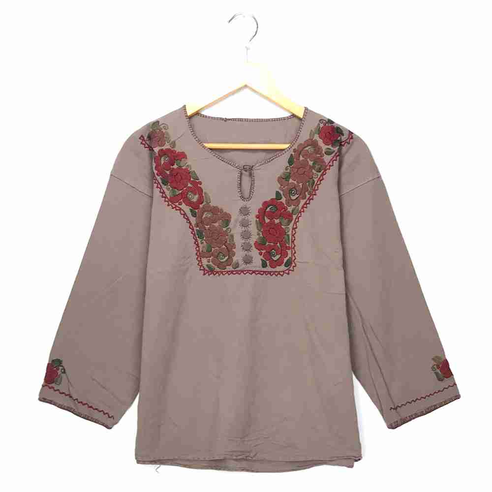 チュニック ブラウン 長袖 花柄 刺繍 レディース ブラウス トップス ガーリー brown 茶 古着【中古】wv2005-0732