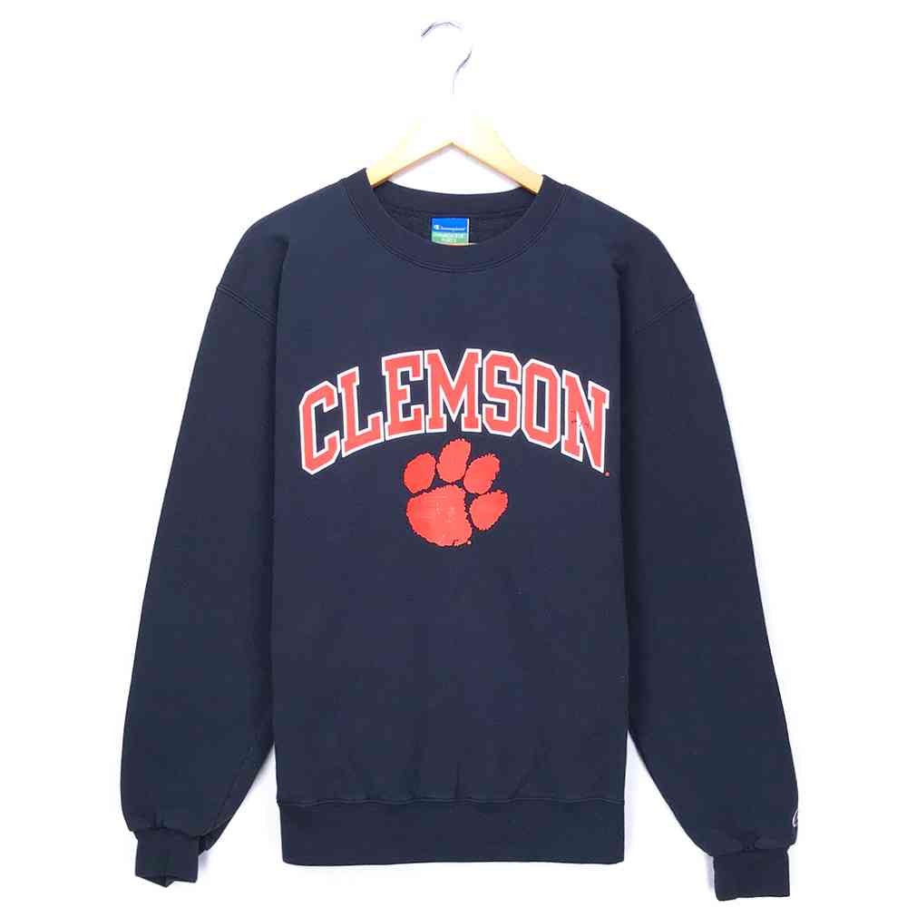 チャンピオン チャンピオンスウェット サイズ表記 M ネイビー Champion トレーナー 長袖 ロゴ プリント CLEMSON 紺 刺繍 古着【中古】wv2005-1249