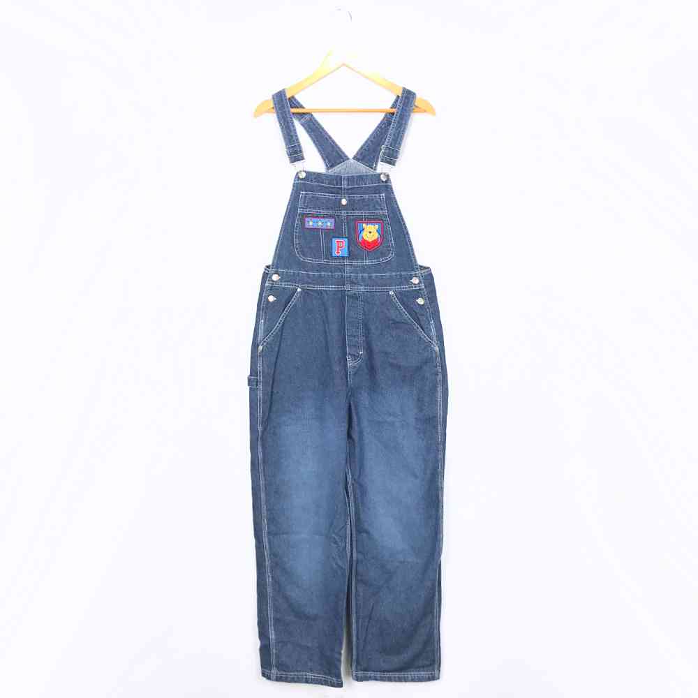 プーさん オーバーオール サイズ表記 M ネイビー Winnie the Pooh 刺繍 デニム ディズニー Disney DENIM overalls NAVY 紺 古着【中古】wv2101-0246