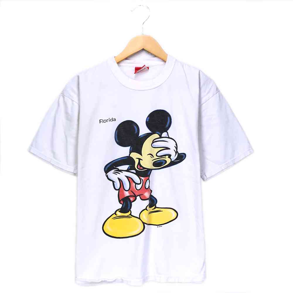 ミッキー キャラクターTシャツ ホワイト Mickey ディズニー Disney プリント 半袖 Florida フロリダ 白 古着【602202】【中古】wv2101-0825