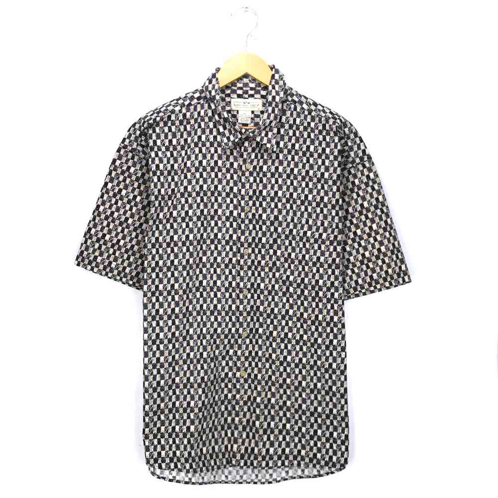 NATURAL ISSUE 柄シャツ サイズ表記 XL ベージュ ボタンダウン 総柄 半袖 ショートスリーブ 紺 ネイビー 古着【202108】【中古】wv2101-0871