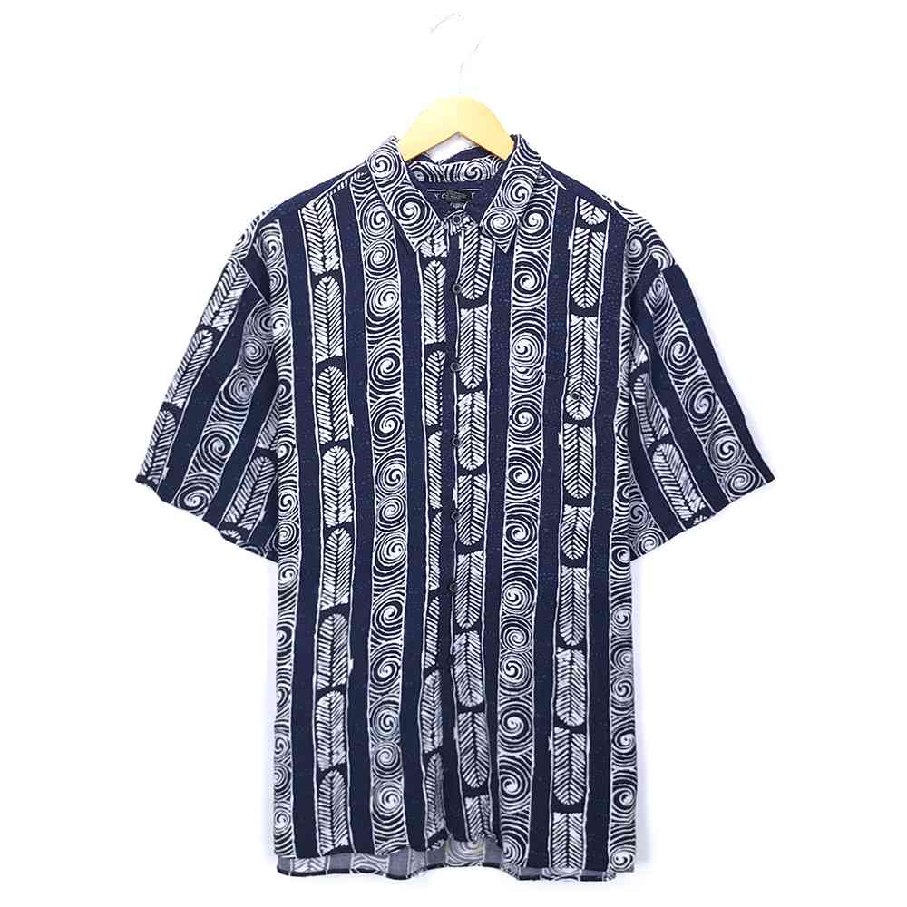 excetera 半袖 柄シャツ サイズ表記 L ネイビー 総柄 模様 ストライプ ショートスリーブ ストライプ NAVY 紺 古着【202108】【中古】wv2101-0900