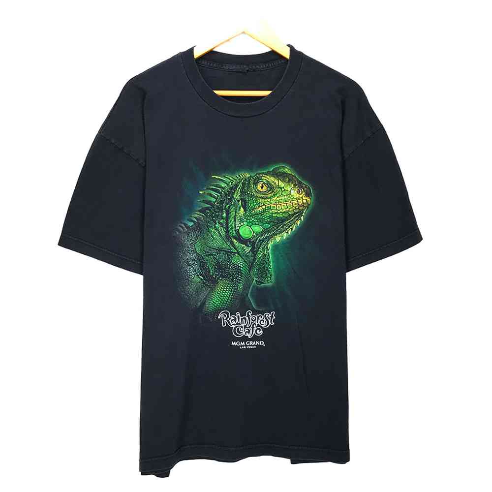 Rainforest Cafe 90STシャツ ブラック レインフォレスト イグアナ 90's 90年代 ビンテージ ヴィンテージ VINTAGE プリント 半袖 アニマル animal 動物 MGM GRAND LAS VEGAS Black 黒 古着【202108】【中古】wv2101-1044のサムネイル