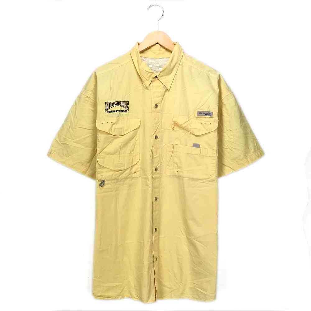 コロンビア 半袖ブランドシャツ イエロー フィッシングシャツ Columbia PFG ロゴ MID STATE FIRE&SYSTEMS アウトドア yellow 黄 古着【中古】wv2101-1421