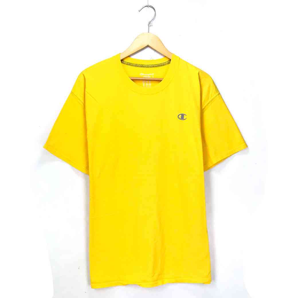 チャンピオン ロゴ Tシャツ サイズ表記 XL イエロー Champion ワンポイント 刺繍 黄 半袖 ビッグT ビッグシルエット 古着 wv2101-1435
