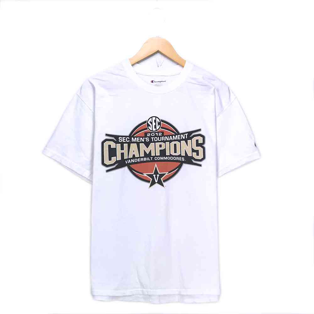 チャンピオン カレッジTシャツ サイズ表記 L ホワイト Champion プリント SEC MEN'S TOURNAMENT 半袖 VANDERBILT COMMODORES White 白 古着【中古】wv2101-1806