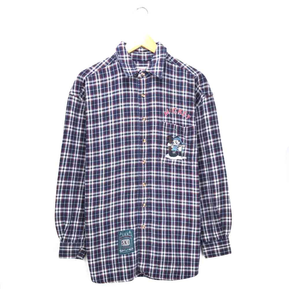 ミッキー チェック シャツ サイズ表記 M ネイビー 長袖 Mickey ディズニー Disney 刺繍 ロゴ スキー キ..