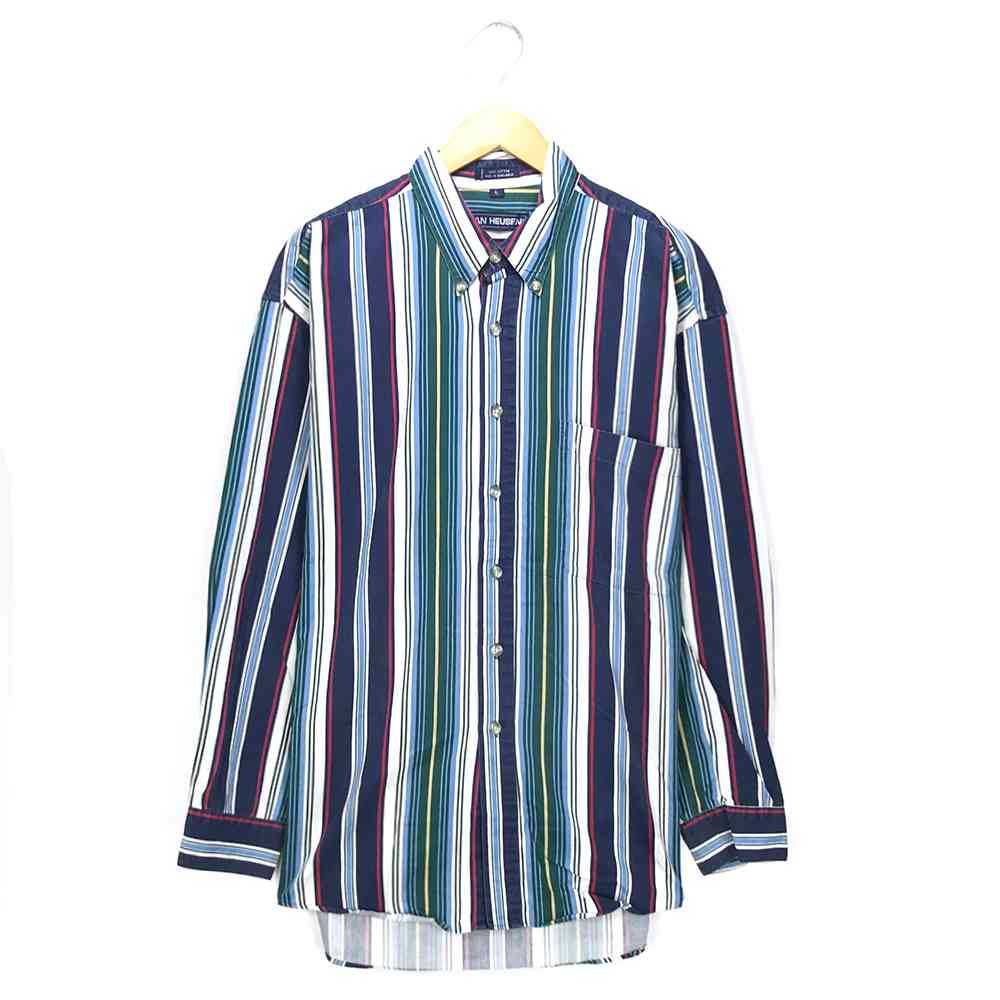 VAN HEUSEN ストライプシャツ サイズ表記 L マルチカラー 長袖 stripe ボタンダウン BD ビッグサイズ ビッグシルエット ヴァンヒューゼン 古着【中古】wv2101-1925