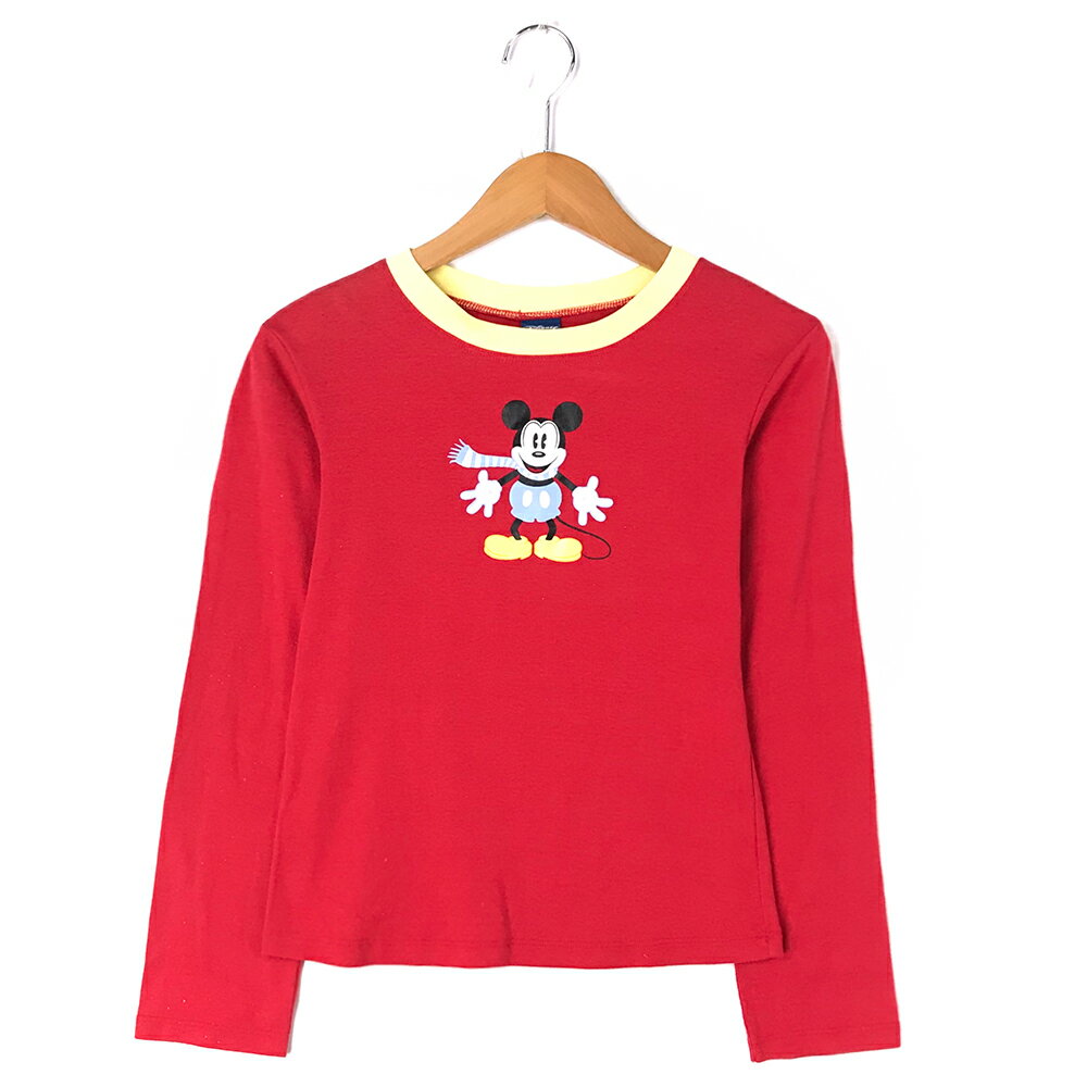 ミッキー キャラクターTシャツ サイズ表記 M レッド 100円セール DISNEY プリント Mickey 長袖 ミッキーマウス 赤 古着【中古】wv1907-2209