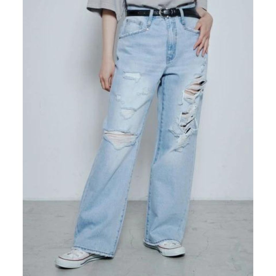 楽天WEGO 楽天市場店【SALE 6599円→3999円】ダメージデニムワイドパンツ デニムパンツ メンズ ボトムス パンツ デニム ジーンズ ワイドデニム ダメージジーンズ 男女兼用 ユニセックス レディース S M L 夏 秋 WEGO ウィゴー
