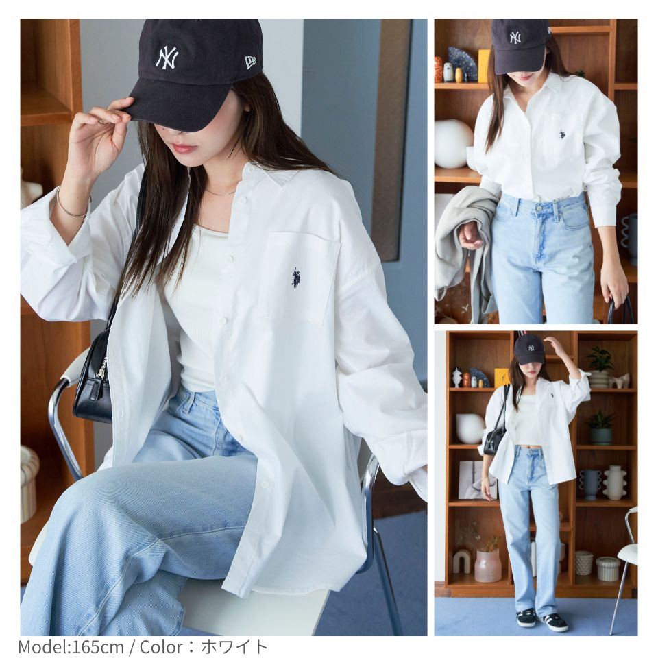 【SALE 4399円→3999円】別注 USPOLO ワンポイントBIGシャツ ストライプ シャツ トップス レディース 長袖 白 ホワイト ビックシルエット ルーズシルエット カジュアル きれいめ 大きめ U.S.POLO ASSN. 長袖シャツ 羽織 春夏 秋 冬 WEGO ウィゴー