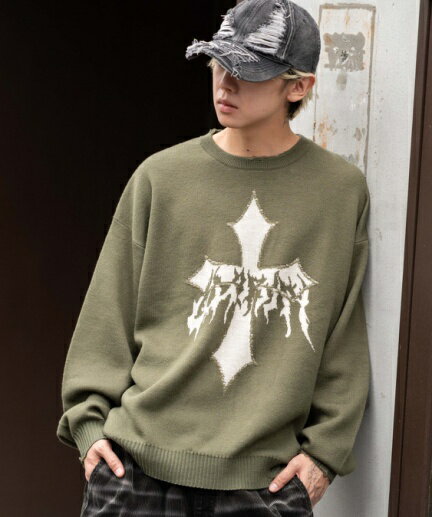 ＼20％OFFクーポン利用で3520円／25秋冬新作 ダメージジャガードプルオーバー ニット メンズ レディース トップス 長袖 セーター ニットプルオーバー グラフィック ダメージ加工 ゆったり ストリート カジュアル おしゃれ 秋冬 秋服 WEGO ウィゴーのサムネイル