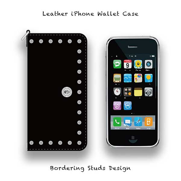 豊富なカラーからオーダー！！高級国産レザーを使用したウォレットタイプのiPhoneケースです！！使い勝手を考え様々なスタイルのポケットを配置しました！！【 Leather iPhone Wallet Case / Bordering Studs Design 】(RBレザー)