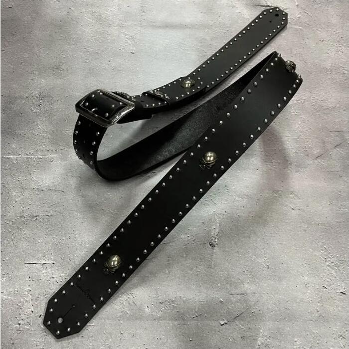  50mm Width Hard Leather Guitar Strap / Side Round & Six Skull Spots Design 
