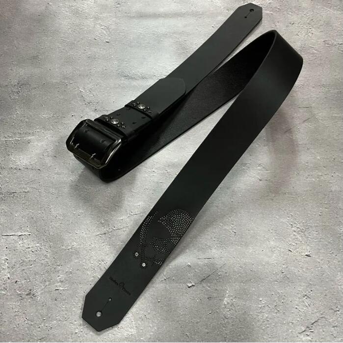  50mm Width Hard Leather Guitar Strap / Modern Pirates Skull Spots Design 