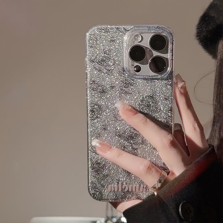 ラメ キラキラ iPhoneケース 可愛い シルバー 花柄 フラワー バラ スマホケースア...