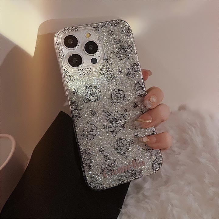 ラメ キラキラ iPhoneケース 可愛い シルバー 花柄 フラワー バラ スマホケースア...