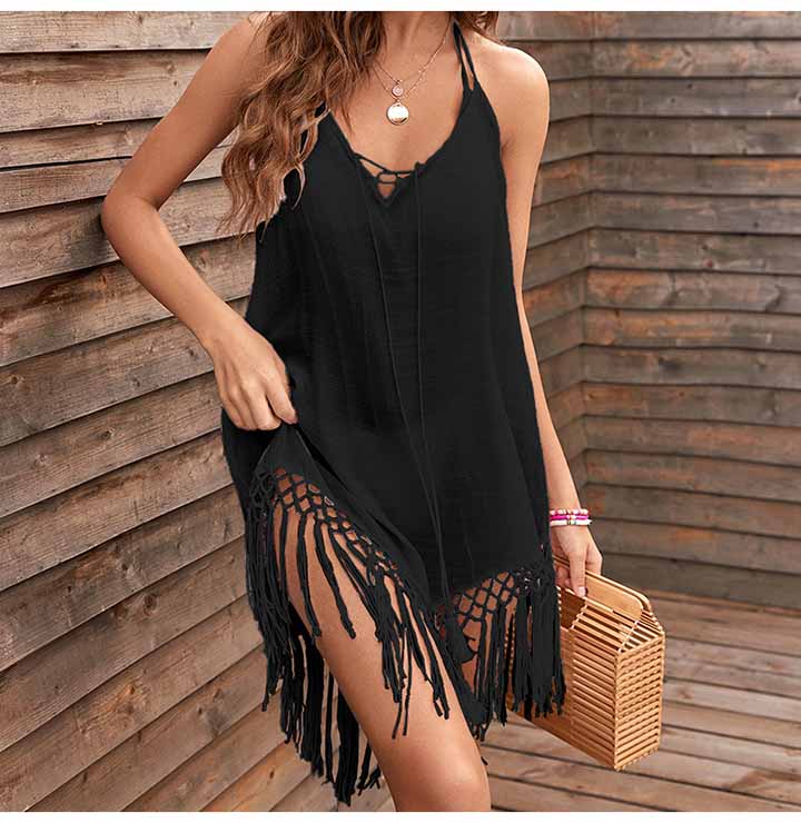 ホワイト即納 短納期 あす楽 体型カバー ビーチウェア 水着の上に着る レディース ワンピース ミニ丈 フリンジ かぎ編み キャミソール ブラック ホワイト イエロー おしゃれ リゾート 乾きやすい 軽量 ガーリ